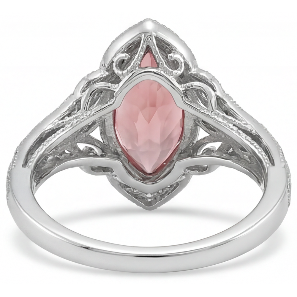 Peach Color Sapphire 2.3 Carat Genuine Marquise Padparadscha Halo Split Shank Ring 14K White Gold