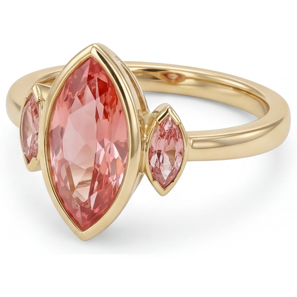 Peach Sapphire Engagement Ring 3 Carat Genuine Marquise Padparadscha Bezel Three Stone 14K Yellow Gold
