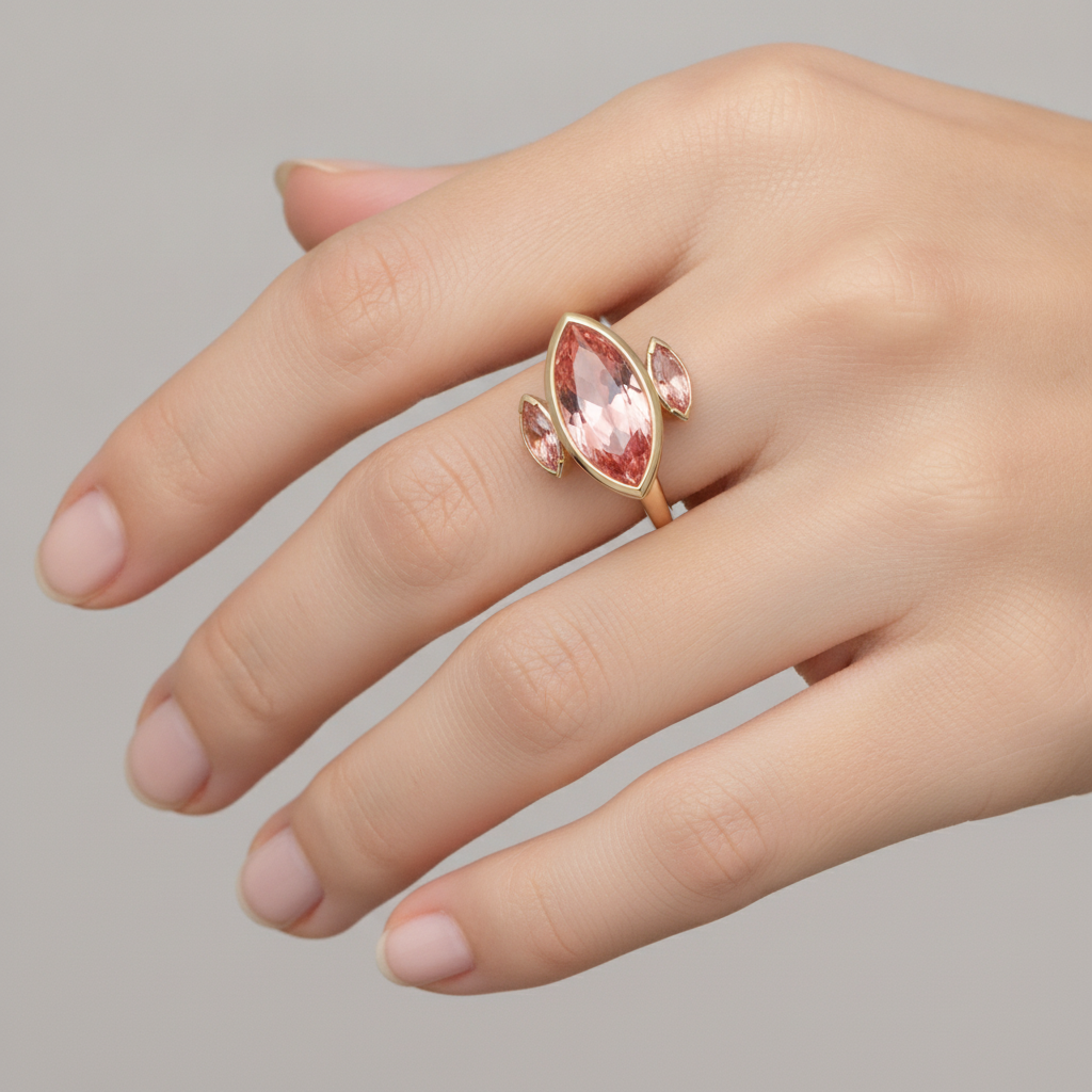 Peach Sapphire Engagement Ring 3 Carat Genuine Marquise Padparadscha Bezel Three Stone 14K Yellow Gold