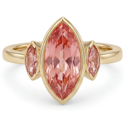 Peach Sapphire Engagement Ring 3 Carat Genuine Marquise Padparadscha Bezel Three Stone 14K Yellow Gold