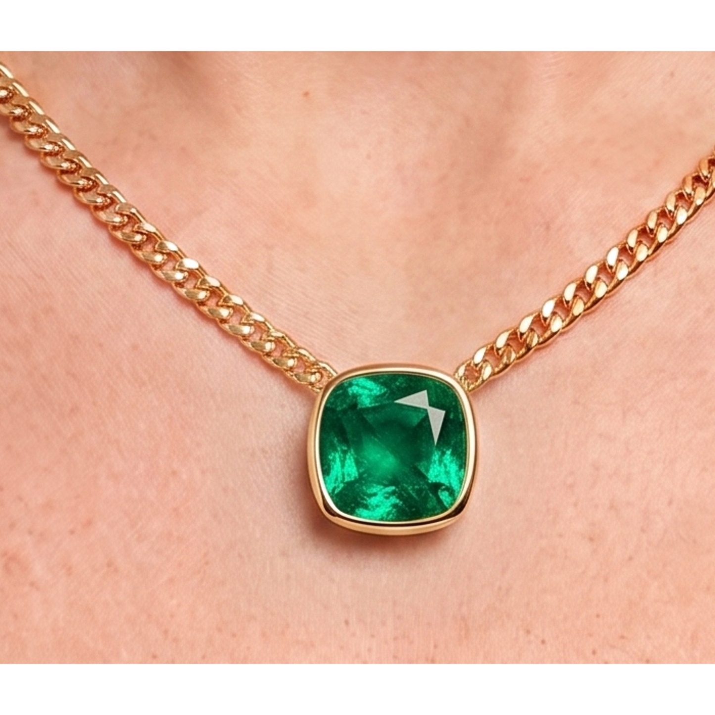 Miami Cuban Cushion Emerald Slide Necklace 8 Carats Gold