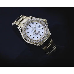 Midsize Yachtmaster Rolex Watch Custom Diamond Bezel White Dial