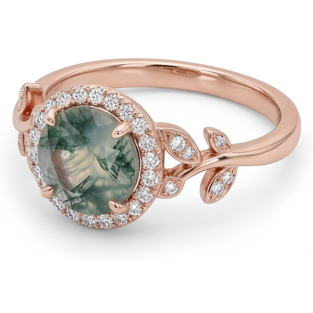 Authentic Moss Agate Colored Stone Ring 2.0 ct 14K Rose Gold – front view