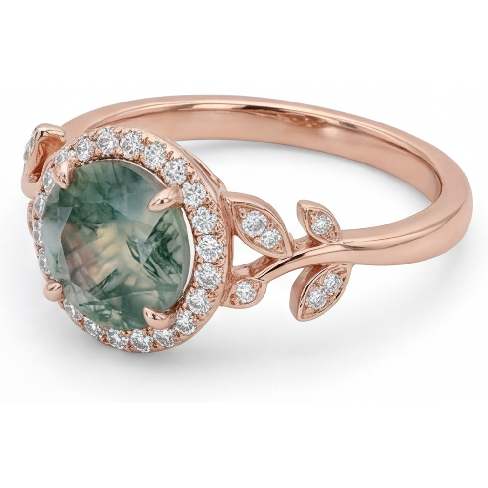 Colored Stone Ring 14K Rose Gold with Moss Agate – angle view