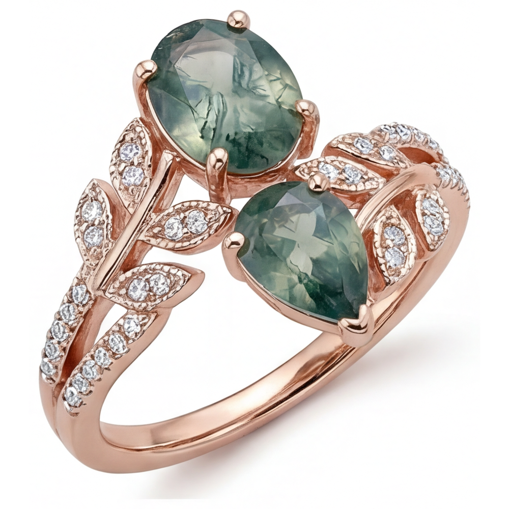 Colored Stone Ring 14K Rose Gold with Moss Agate – front view