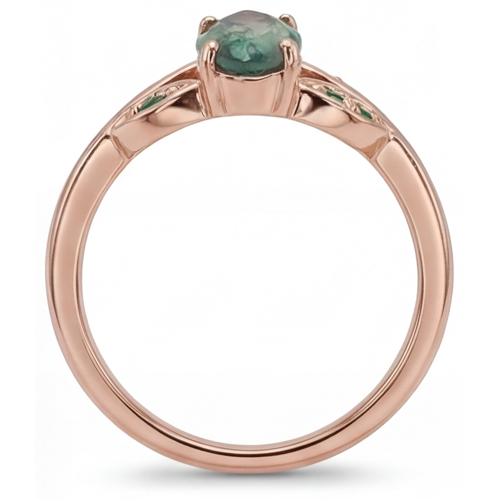 Marquise Moss Agate ring in 14 Karat Rose Gold – top view