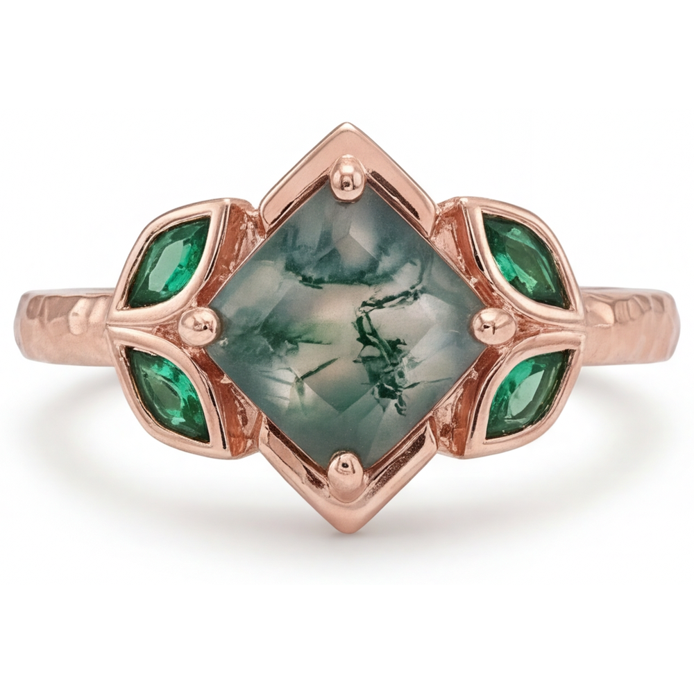 Moss Agate Princess Gemstone Ring in 14K Rose Gold – front view
