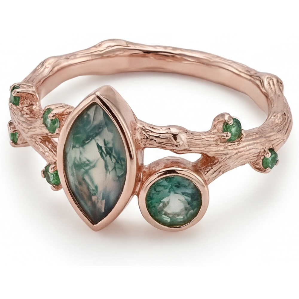 Precious Stone Ring 14K Rose Gold with Moss Agate – angle view