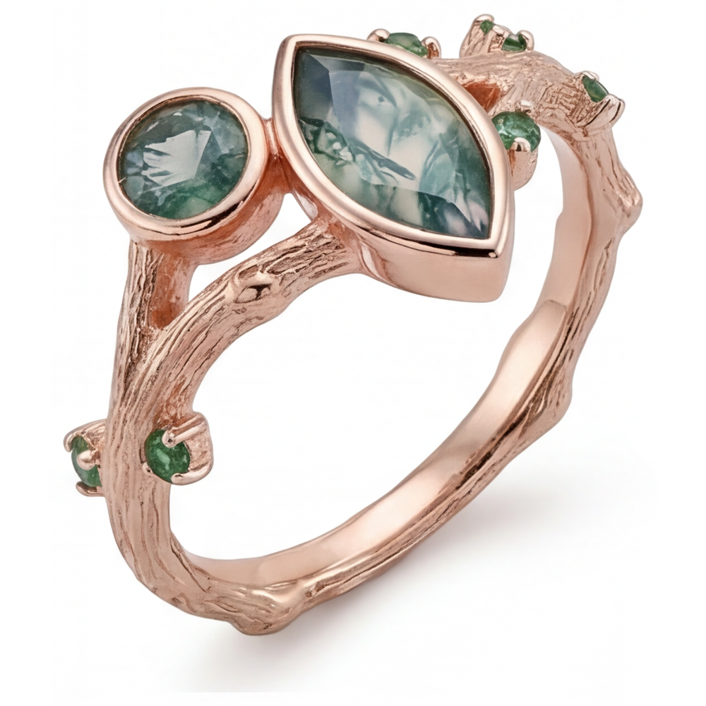 Moss Agate Marquise Cut Precious Stone Ring in 14K Rose Gold – profile view