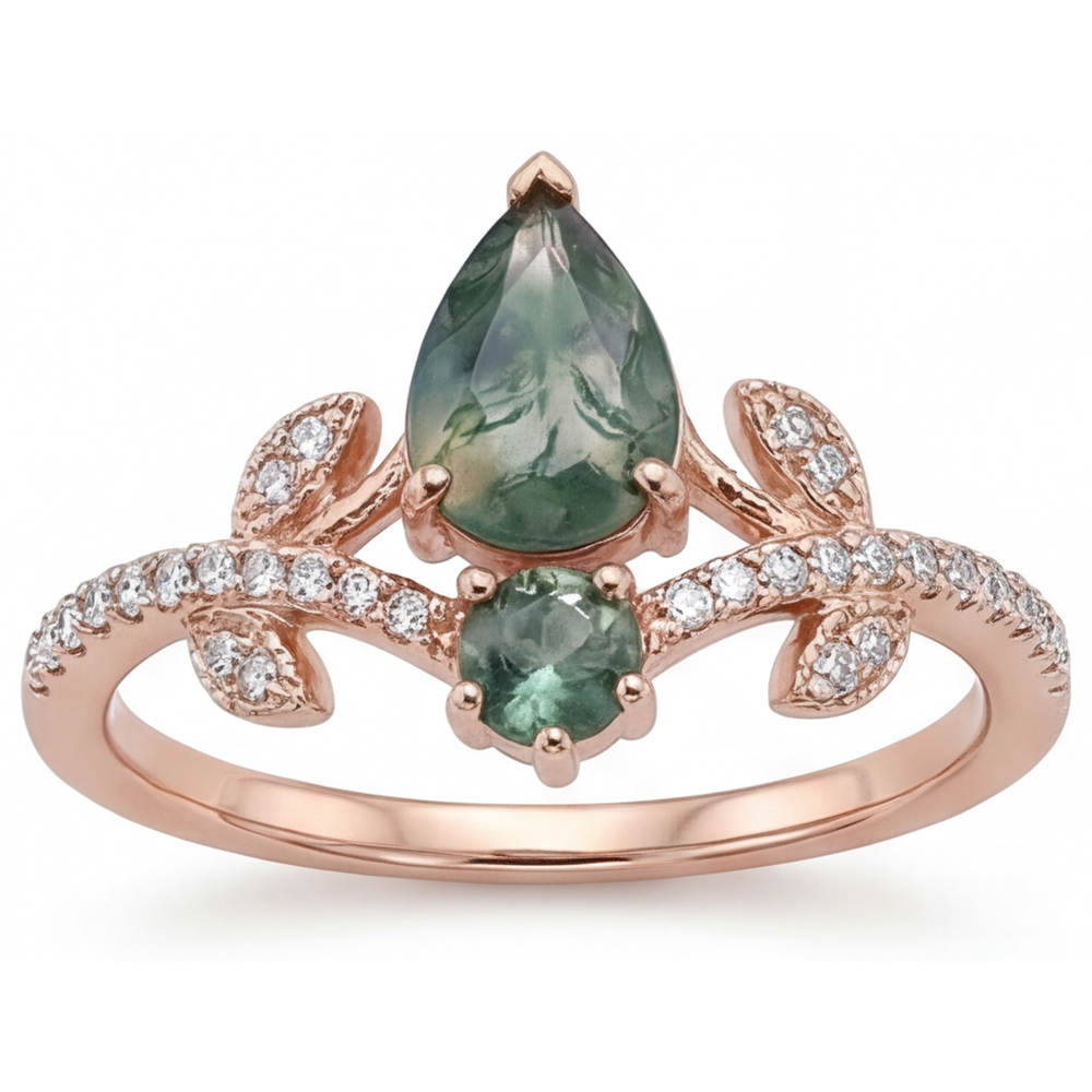 Pear Cut Moss Agate ring in 14K Rose Gold – main view
