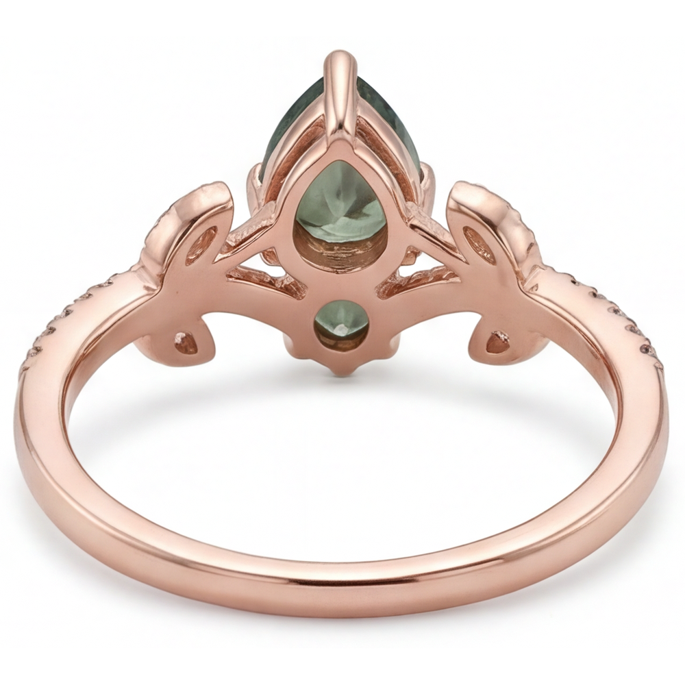 Pear Cut Moss Agate ring in 14K Rose Gold – profile view