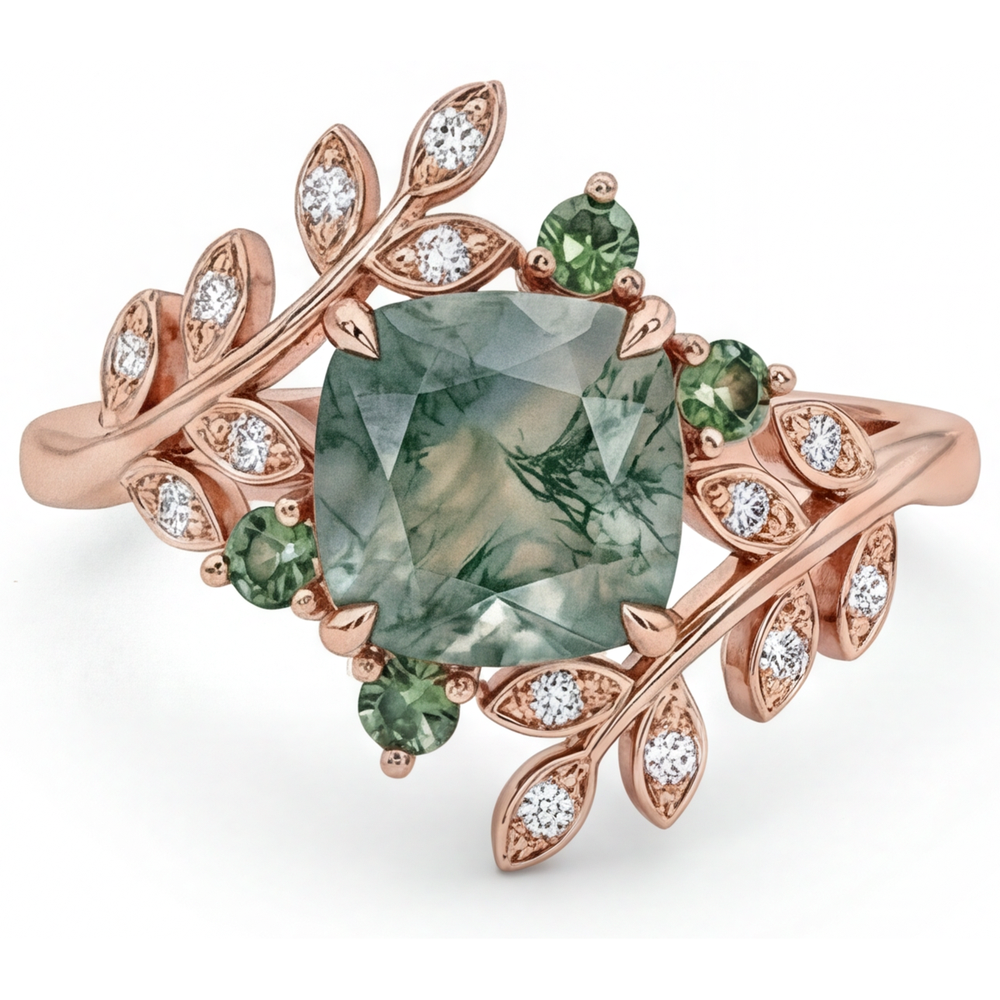 Moss Agate Precious Stone Ring 3.0-ct 14K Rose Gold – front view