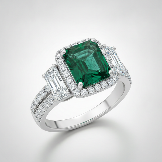 Emerald Proposal Ring Natural Muzo Cadillac Halo Three Stone Platinum