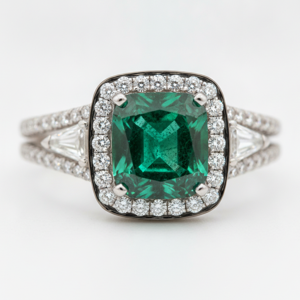 Emerald Cut Engagement Ring 2.64 Carat Natural Muzo Double Shank 18K White Gold