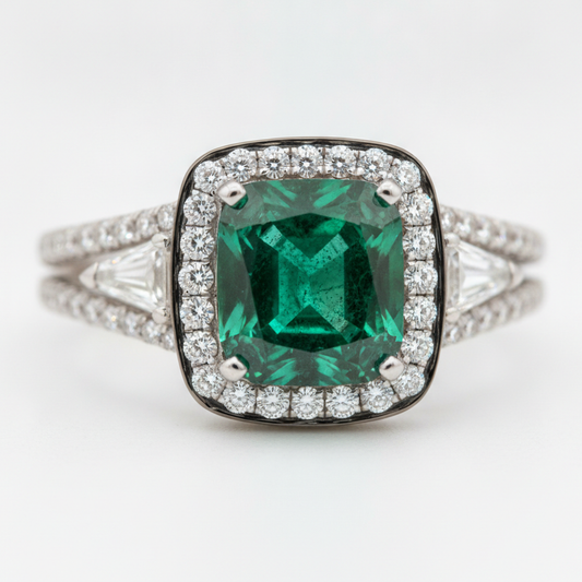 Emerald Cut Engagement Ring 2.64 Carat Natural Muzo Double Shank 18K White Gold