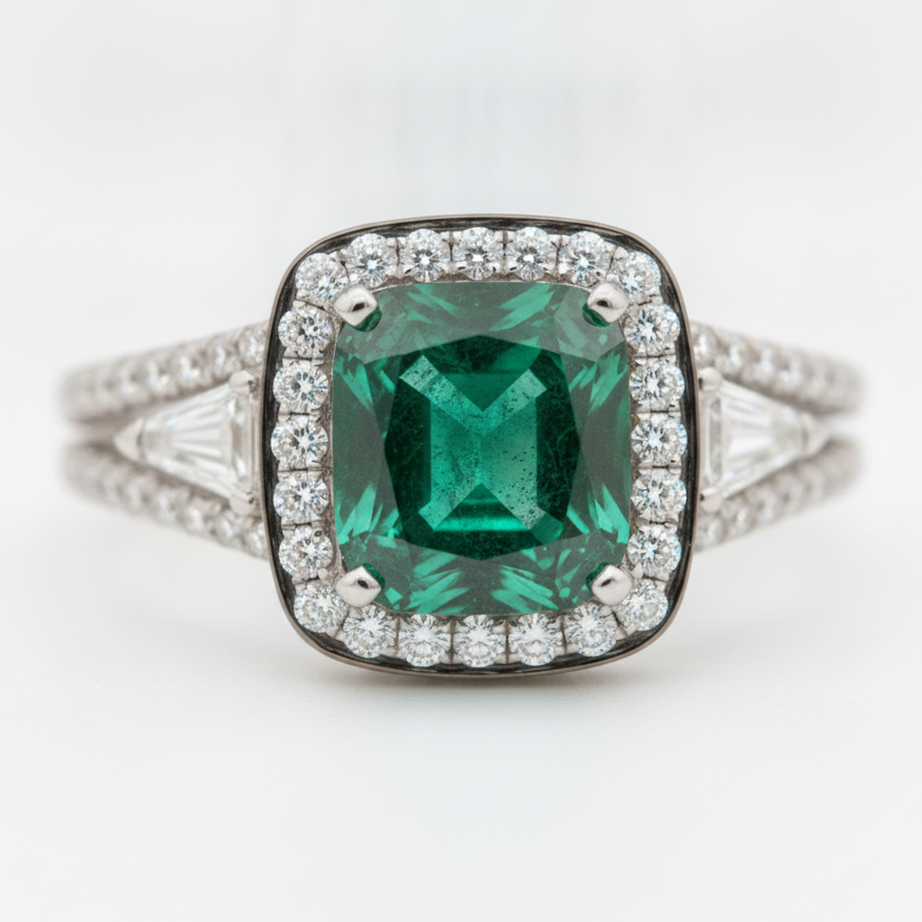 Emerald Cut Engagement Ring 2.64 Carat Natural Muzo Double Shank 18K White Gold