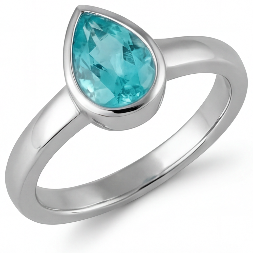 Natural Neon Paraiba Colored Stone Ring 1.25 ct 14 Karat White Gold – front view