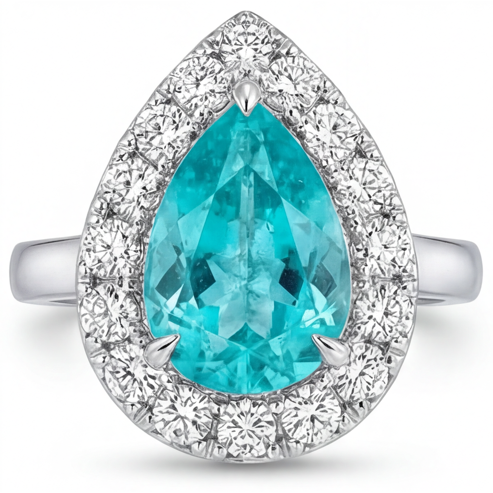 Neon Paraiba Pear Shape Halo Ring in 14K White Gold – front view