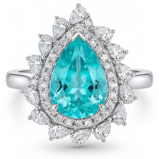 Neon Paraiba Pear Cut Halo Setting Ring in 14K White Gold – main view