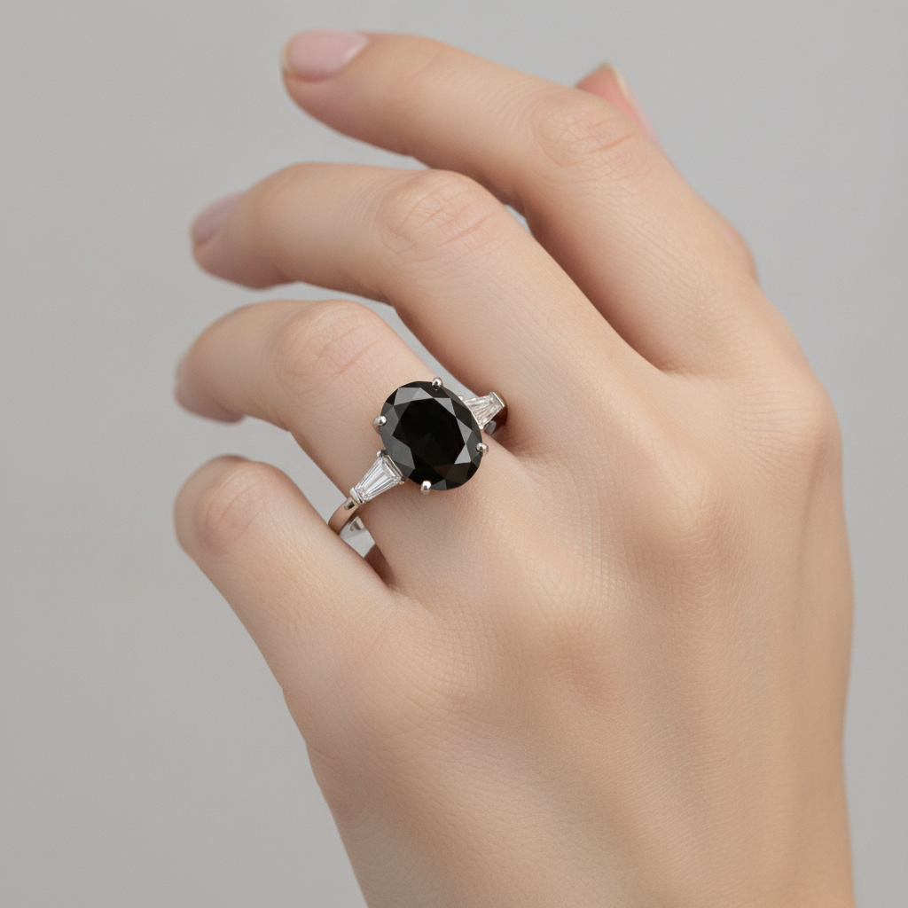 Black Diamond Gold Ring 3.6 Carat Natural Oval Baguette Three Stone 14K White