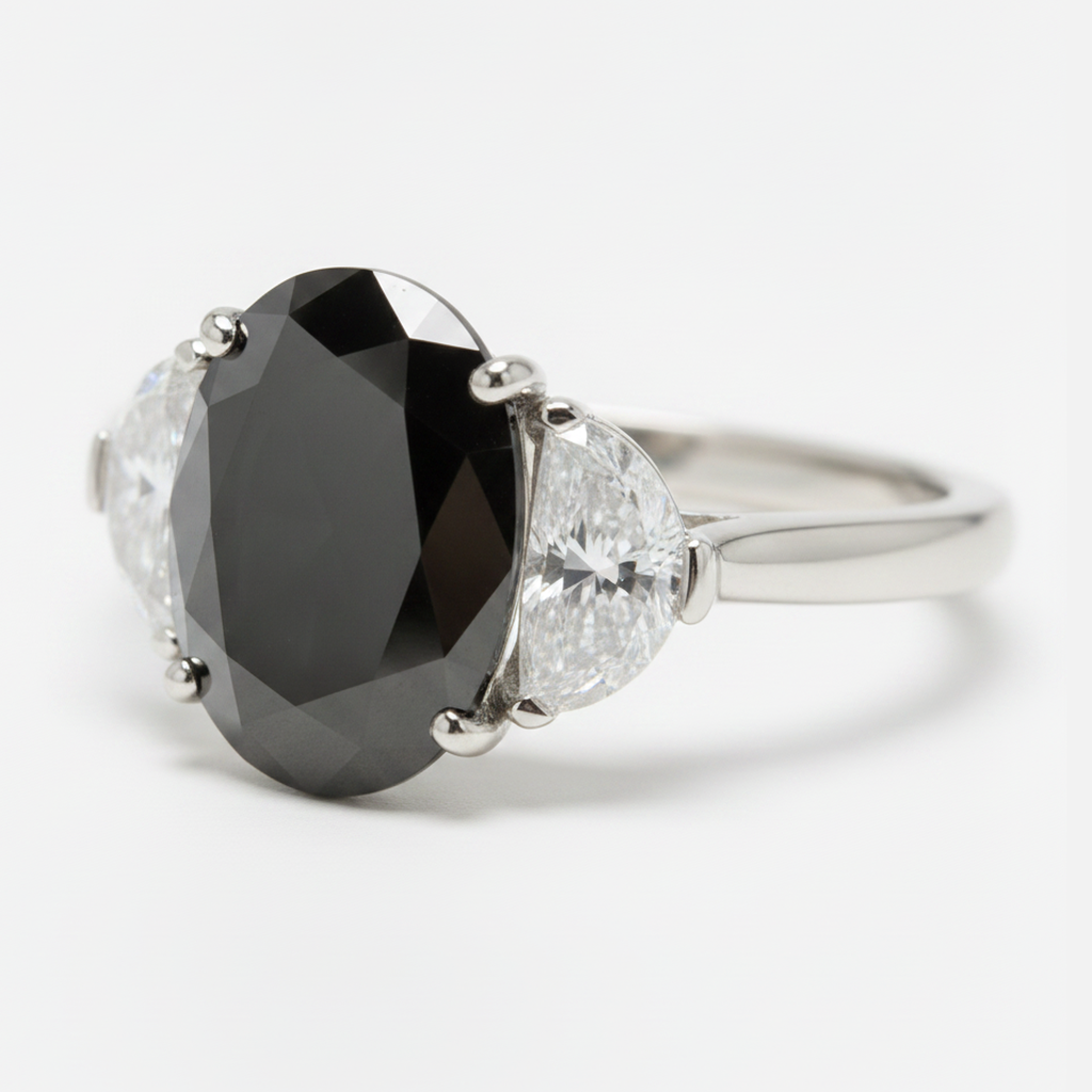 Black Diamond Marriage Ring 4.6 Carat Genuine Oval Half Moon Three Stone 14K White Gold