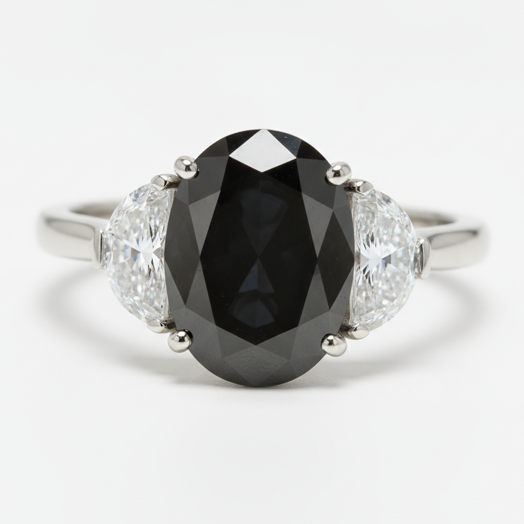 Black Diamond Marriage Ring 4.6 Carat Genuine Oval Half Moon Three Stone 14K White Gold
