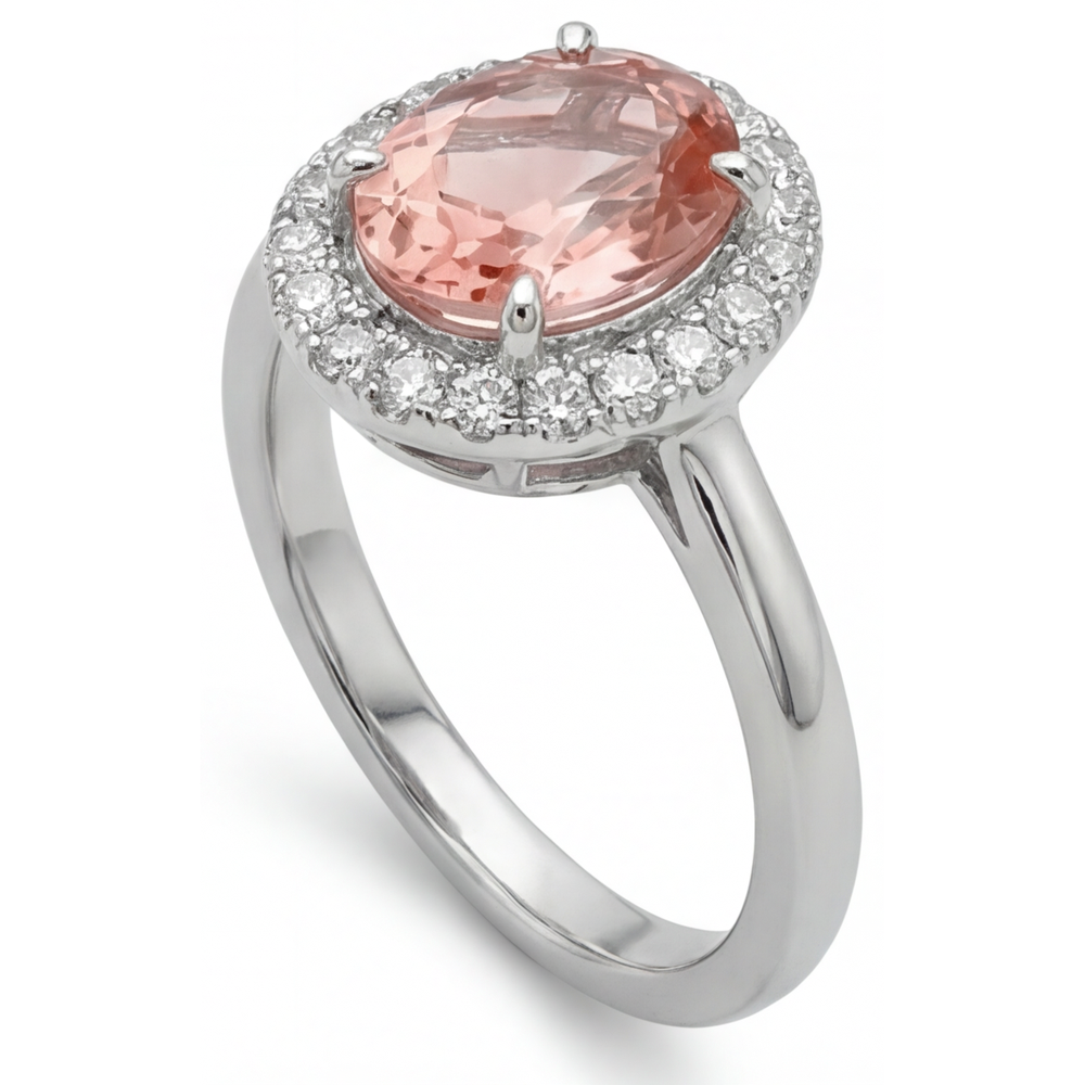 Padparadscha Sapphire Ring 4.3 Carat Lab Grown Oval Halo 14K White Gold