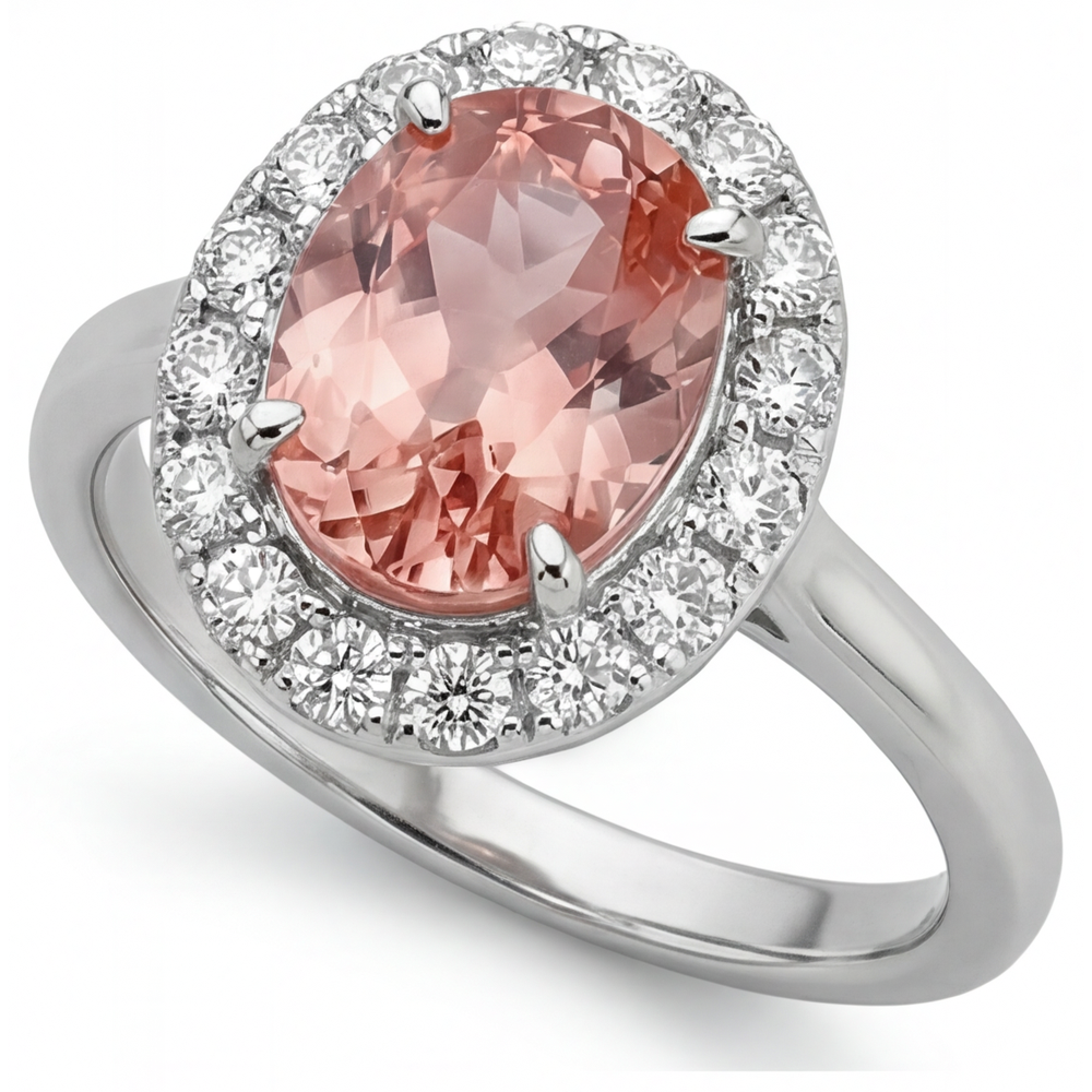Padparadscha Sapphire Ring 4.3 Carat Lab Grown Oval Halo 14K White Gold