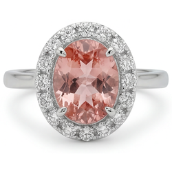 Padparadscha Sapphire Ring 4.3 Carat Lab Grown Oval Halo 14K White Gold