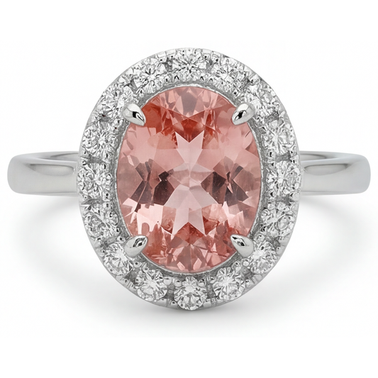 Padparadscha Sapphire Ring 4.3 Carat Lab Grown Oval Halo 14K White Gold
