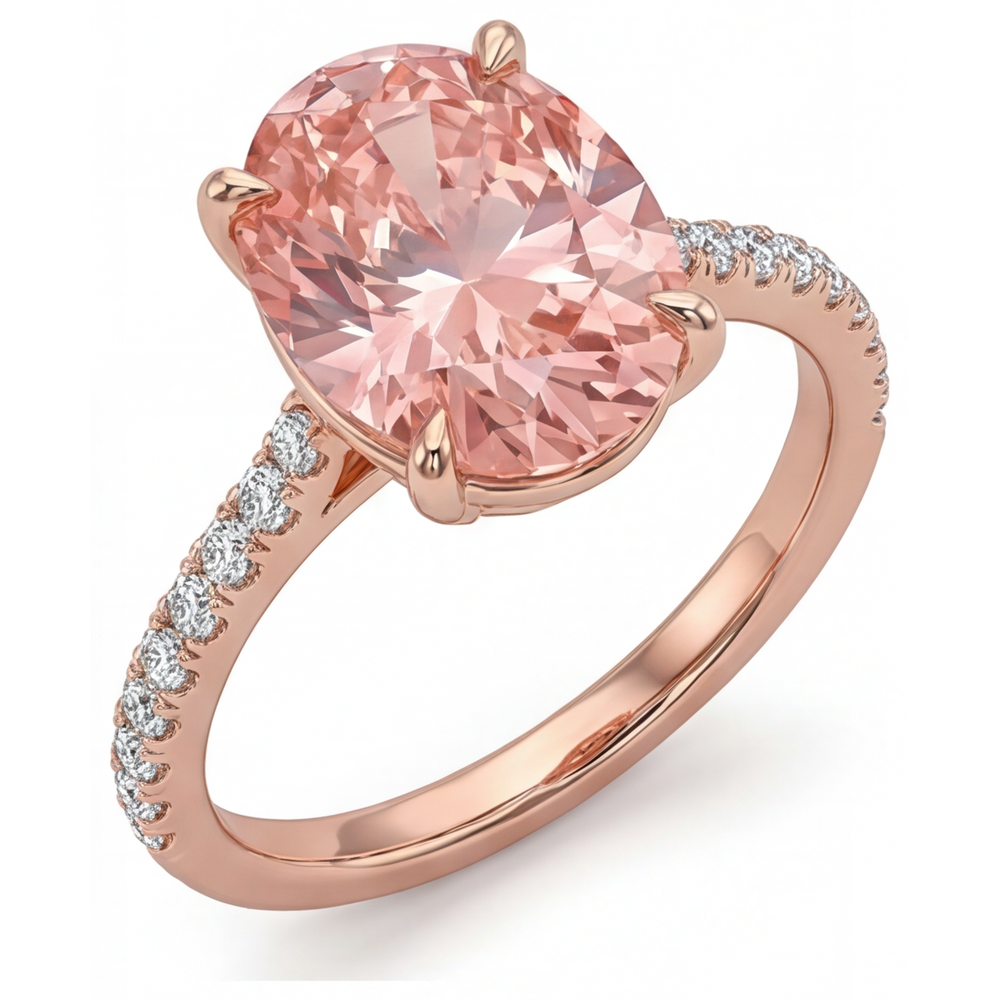 Padparadscha Sapphire Ring 4.3 Carat Lab Grown Oval Pave 14K Rose Gold