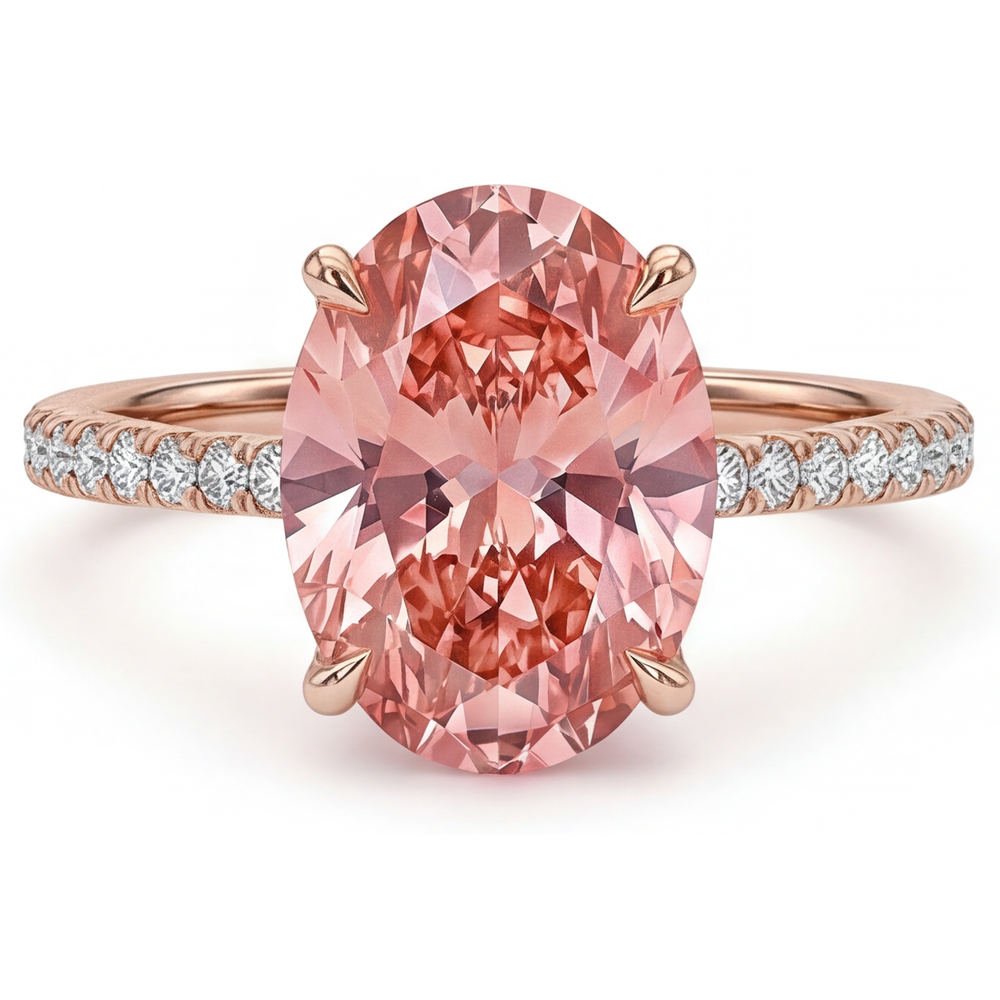 Padparadscha Sapphire Ring 4.3 Carat Lab Grown Oval Pave 14K Rose Gold