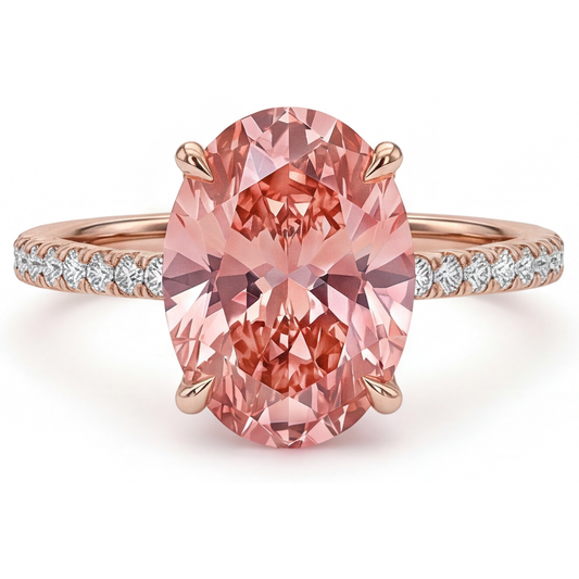 Padparadscha Sapphire Ring 4.3 Carat Lab Grown Oval Pave 14K Rose Gold