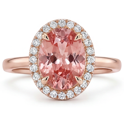 Peach Sapphire Ring 2.8 Carat Natural Oval Padparadscha Halo Plain 14K Rose Gold