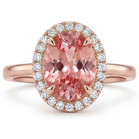 Peach Sapphire Ring 2.8 Carat Natural Oval Padparadscha Halo Plain 14K Rose Gold