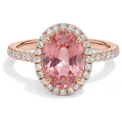 Vintage Padparadscha Sapphire Ring 2.8 Carat Real Oval Halo Pave 14K Rose Gold