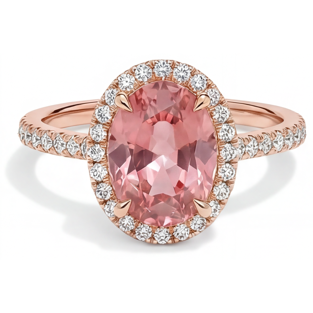Vintage Padparadscha Sapphire Ring 2.8 Carat Real Oval Halo Pave 14K Rose Gold