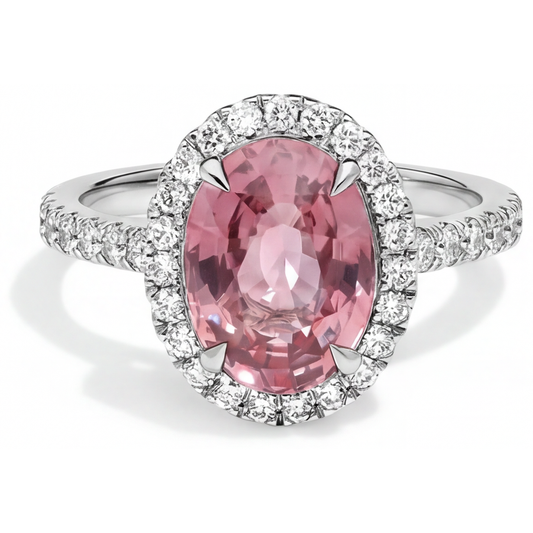 Peach Sapphire Engagement Ring 2.8 Carat Natural Oval Padparadscha Halo 14K White Gold