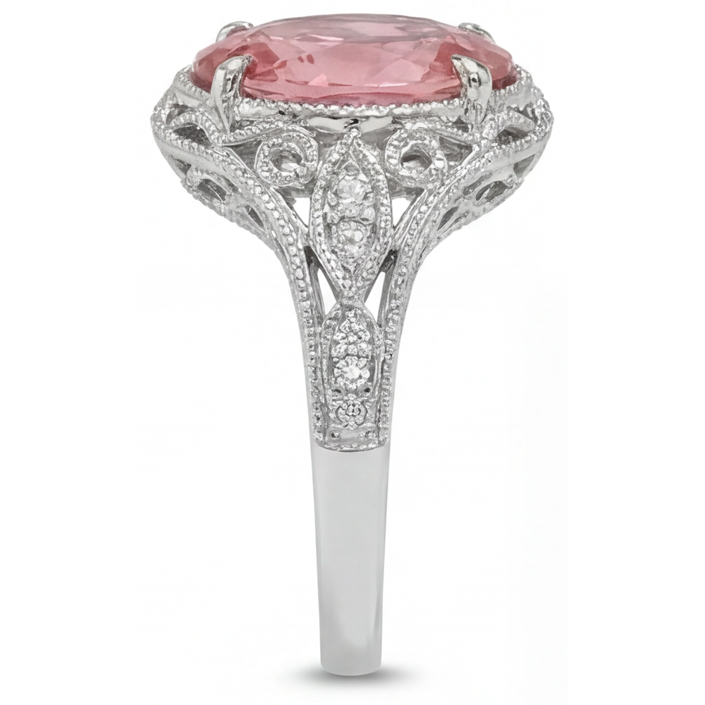 Natural Padparadscha Sapphire Ring 3.3 Carat Oval Pave 14K White Gold