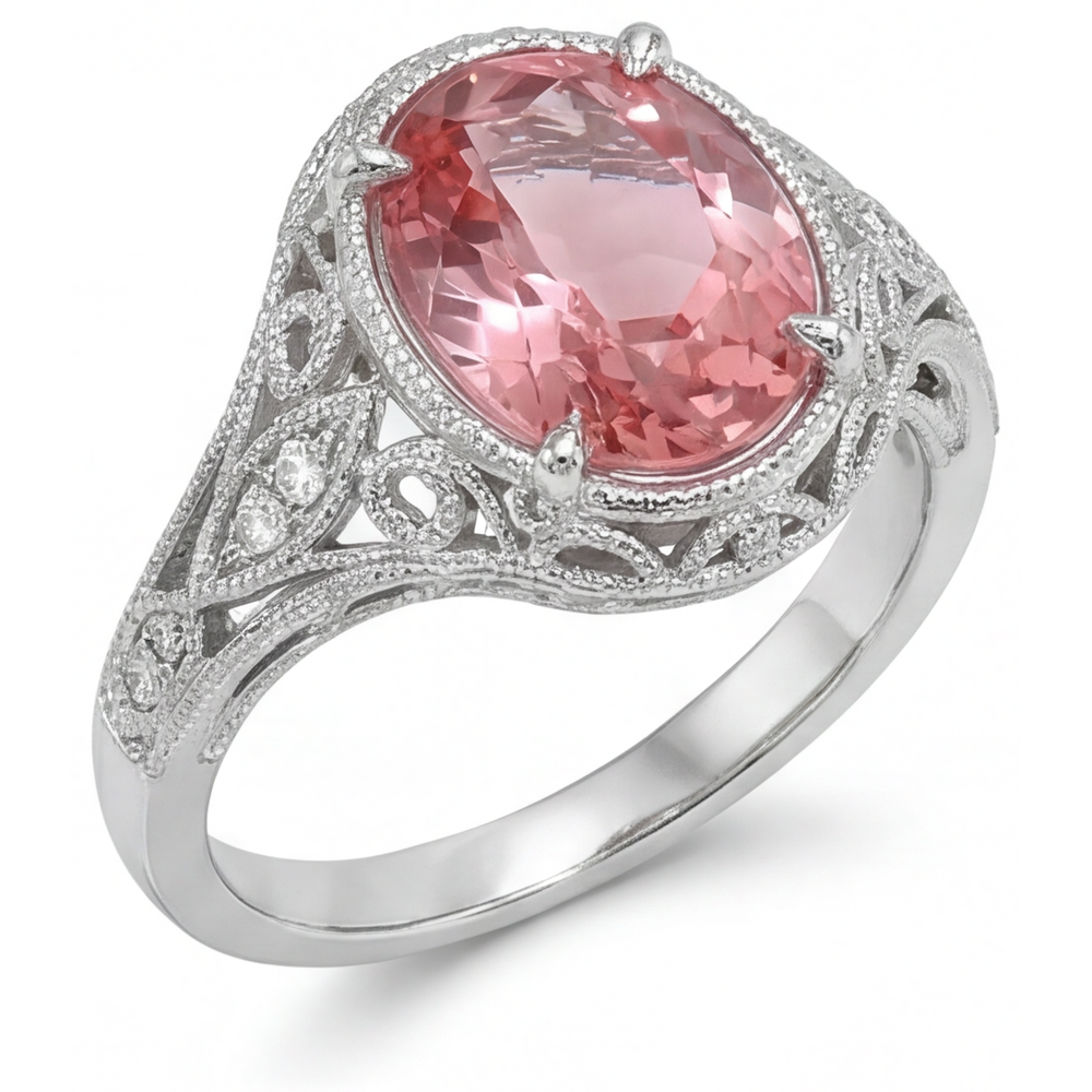 Natural Padparadscha Sapphire Ring 3.3 Carat Oval Pave 14K White Gold