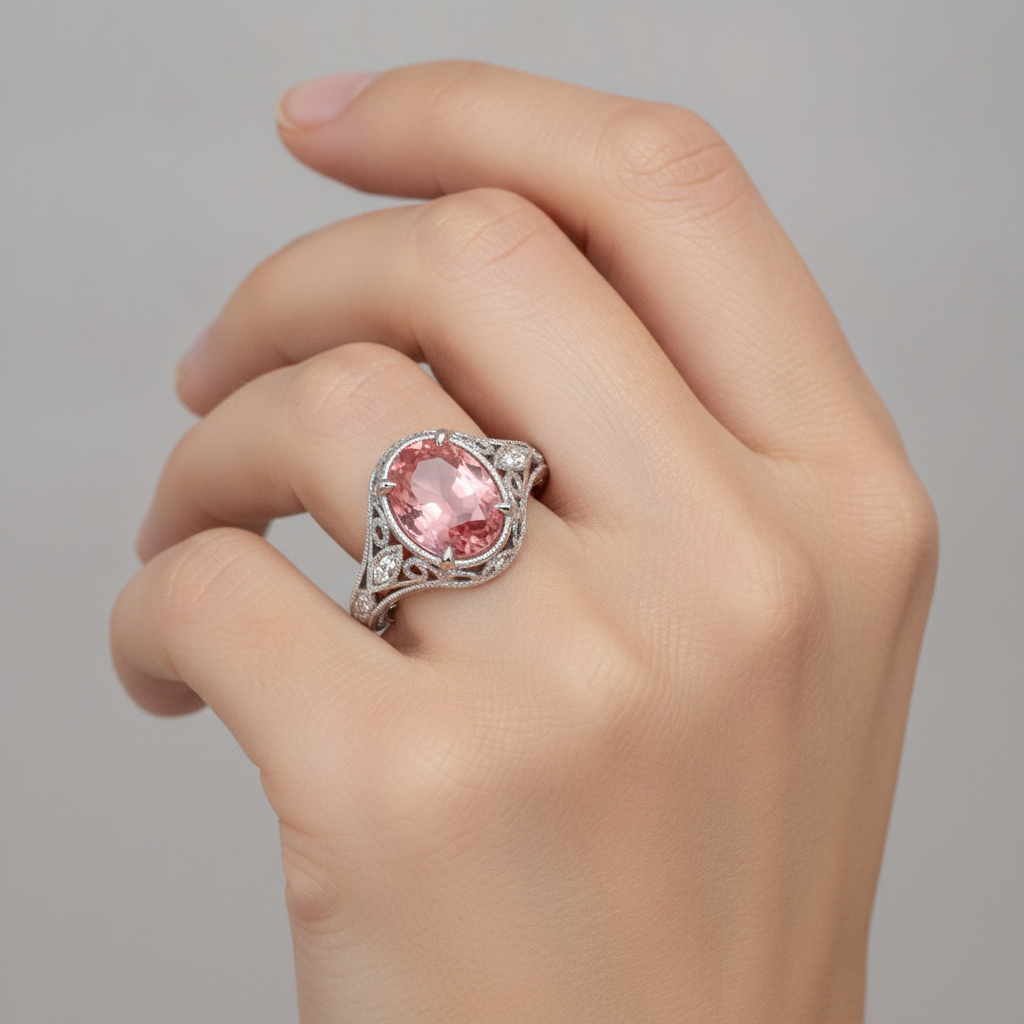 Natural Padparadscha Sapphire Ring 3.3 Carat Oval Pave 14K White Gold