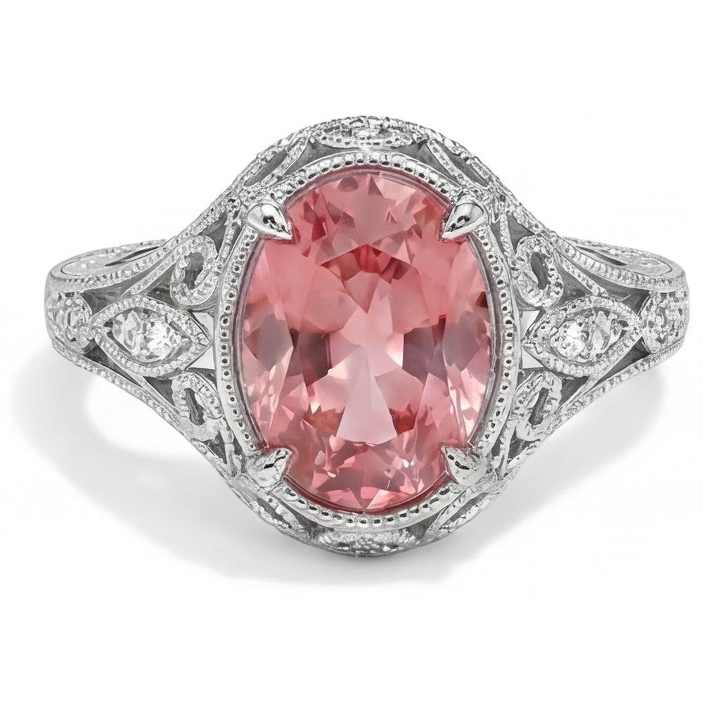 Natural Padparadscha Sapphire Ring 3.3 Carat Oval Pave 14K White Gold