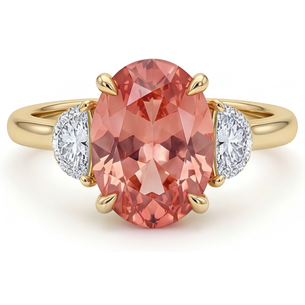 Peach Sapphire 2.9 Carat Real Oval Padparadscha and White Half Moon Three Stone Ring 14K Yellow Gold