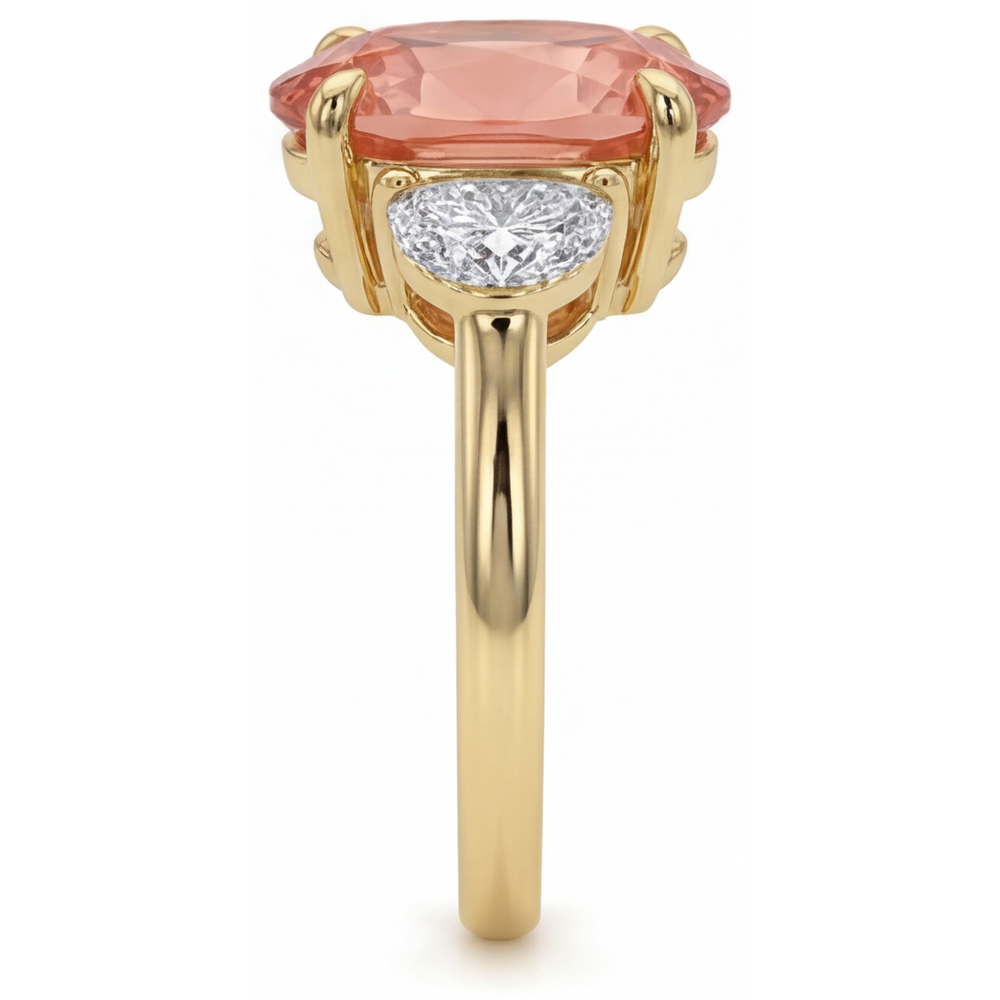 Peach Sapphire 2.9 Carat Real Oval Padparadscha and White Half Moon Three Stone Ring 14K Yellow Gold