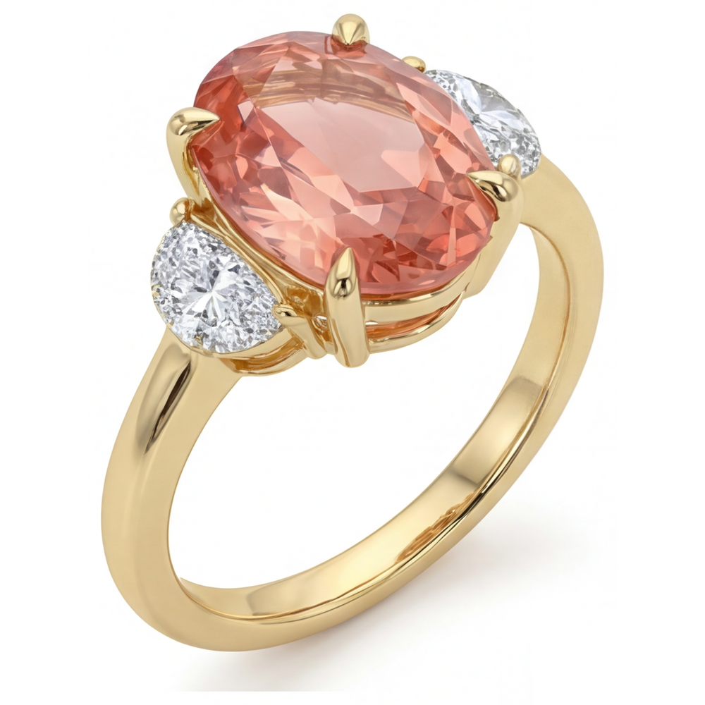 Peach Sapphire 2.9 Carat Real Oval Padparadscha and White Half Moon Three Stone Ring 14K Yellow Gold