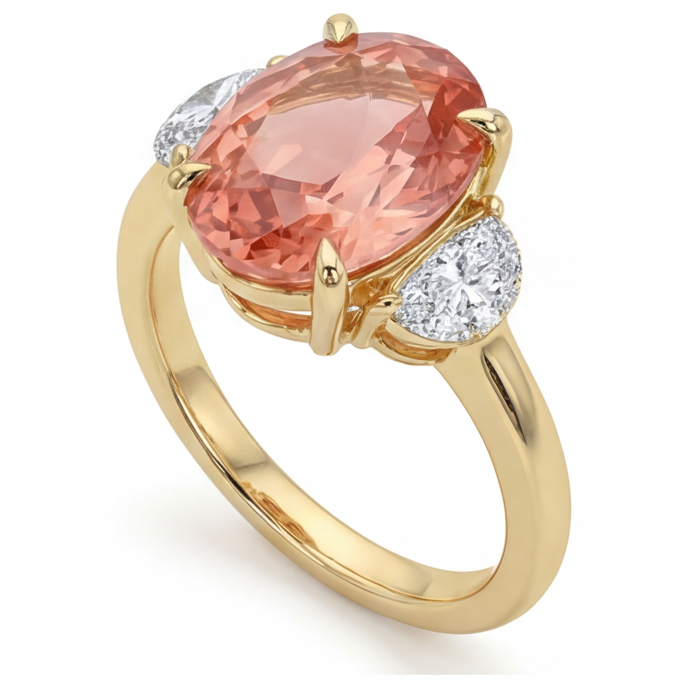 Peach Sapphire 2.9 Carat Real Oval Padparadscha and White Half Moon Three Stone Ring 14K Yellow Gold