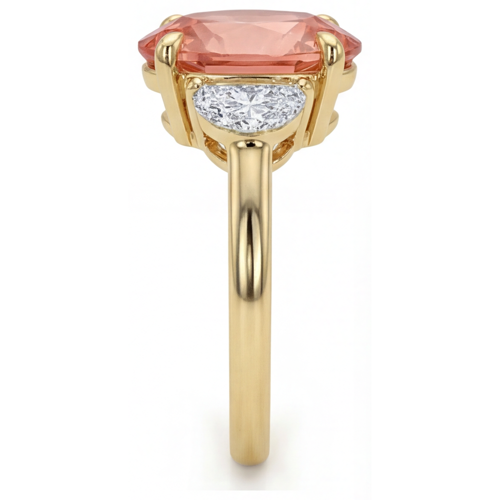Peach Sapphire Engagement Ring 2.9 Carat Real Oval Padparadscha and White Half Moon Three Stone 14K Yellow Gold