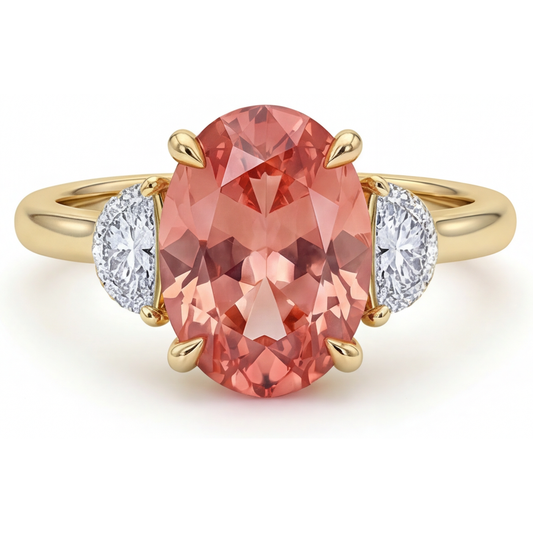 Peach Sapphire Engagement Ring 2.9 Carat Real Oval Padparadscha and White Half Moon Three Stone 14K Yellow Gold