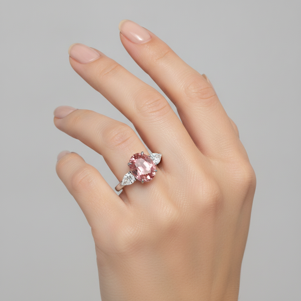 Peach Sapphire Engagement Ring 4.1 Carat Real Oval Padparadscha Three Stone Platinum