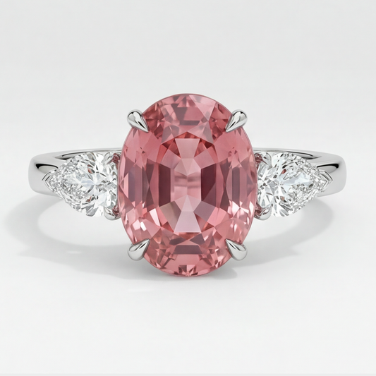 Peach Sapphire Engagement Ring 4.1 Carat Real Oval Padparadscha Three Stone Platinum